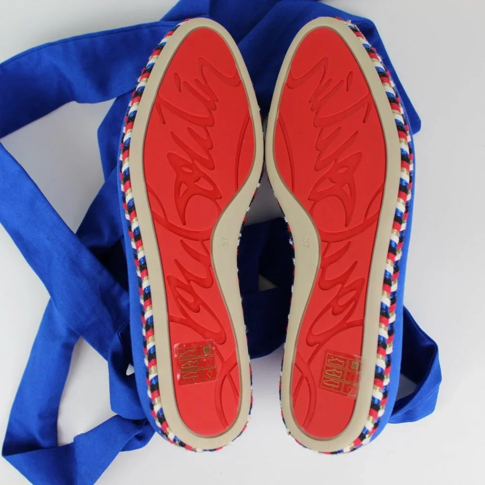 NEW Christian Louboutin Espadrilles Flats with Ribbon Ties, Canvas, Blue, EU 37